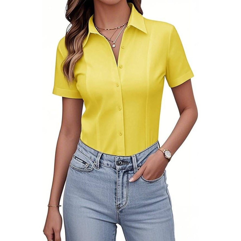 Women's Short Sleeve Yellow Button-Down Shirt Collared‎ Top-Size 2XL/NWT
